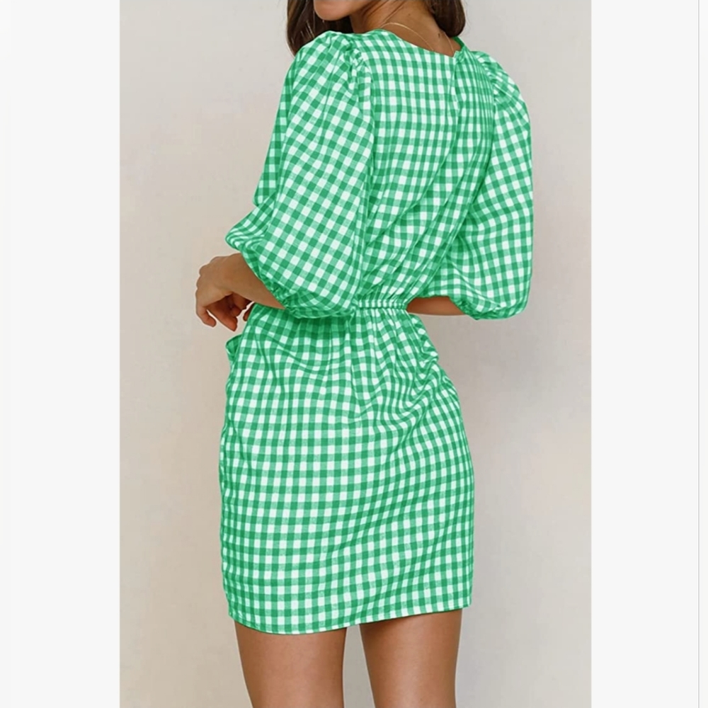 COPY - Womens Casual Plaid Crewneck Lantern Sleeve Wrap Tie Waist Party Short M… - Picture 5 of 14